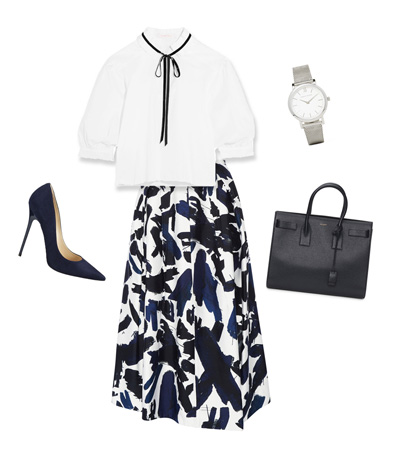 white contrast tie blouse, floral skirt, tote bag, watch, stilettos