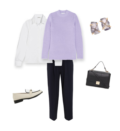 lavendar sweater, white blouse, trouser, loafers, shoulder bag, stone earrings