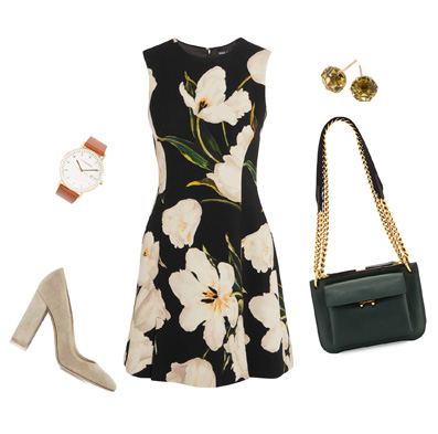 floral print dress, block heel shoes, stud earrings, shoulder bag, watch